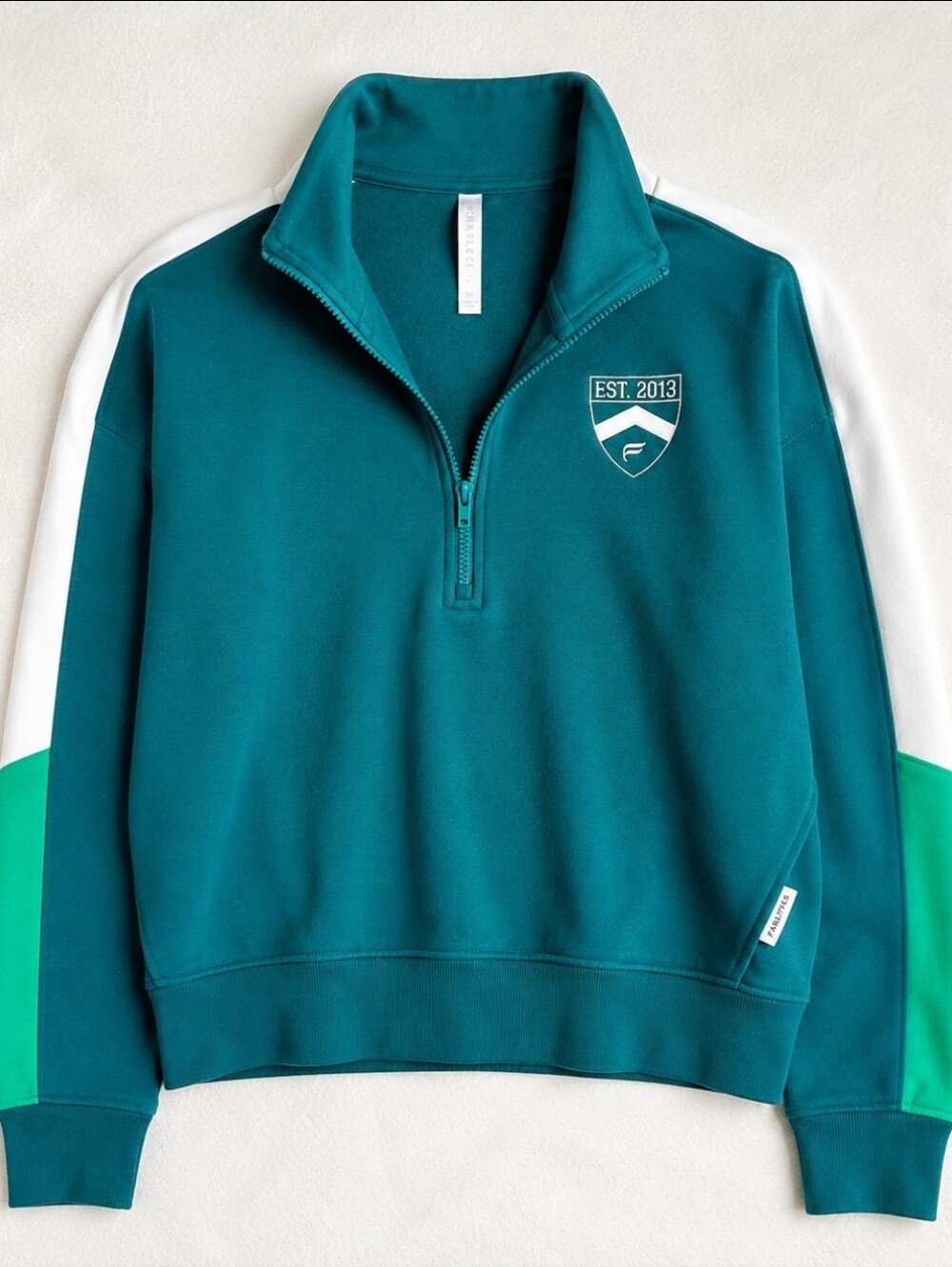 Fabletics Year Round Terry Half Zip Sweatshirt Women's Size M Green Graphic Logo
